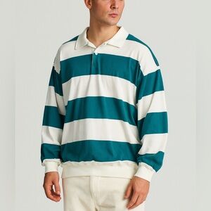 Pacer II Rugby Sweatshirt 42/22W XL Teal White Stripe 80s Preppy Unisex Vintage